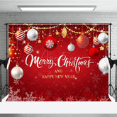 Aperturee - Aperturee Merry Christmas and Happy New Year Backdrop Red and Gold Ornaments Winter Holiday Party Photo Booth Decor